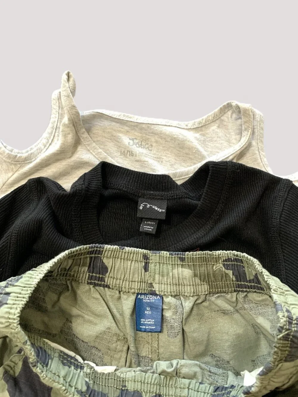 3 Piece Girls Set Camo Cargo Pants Elastic Waste & 2 Shirts Size 10/12, 14/16